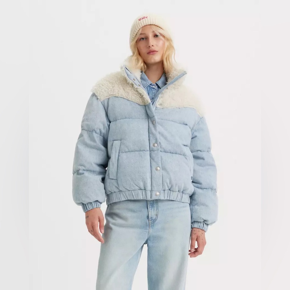 Levi’s Juno Western Down Crop Chambray Sherpa Puffer Light Denim Coat Sz XS